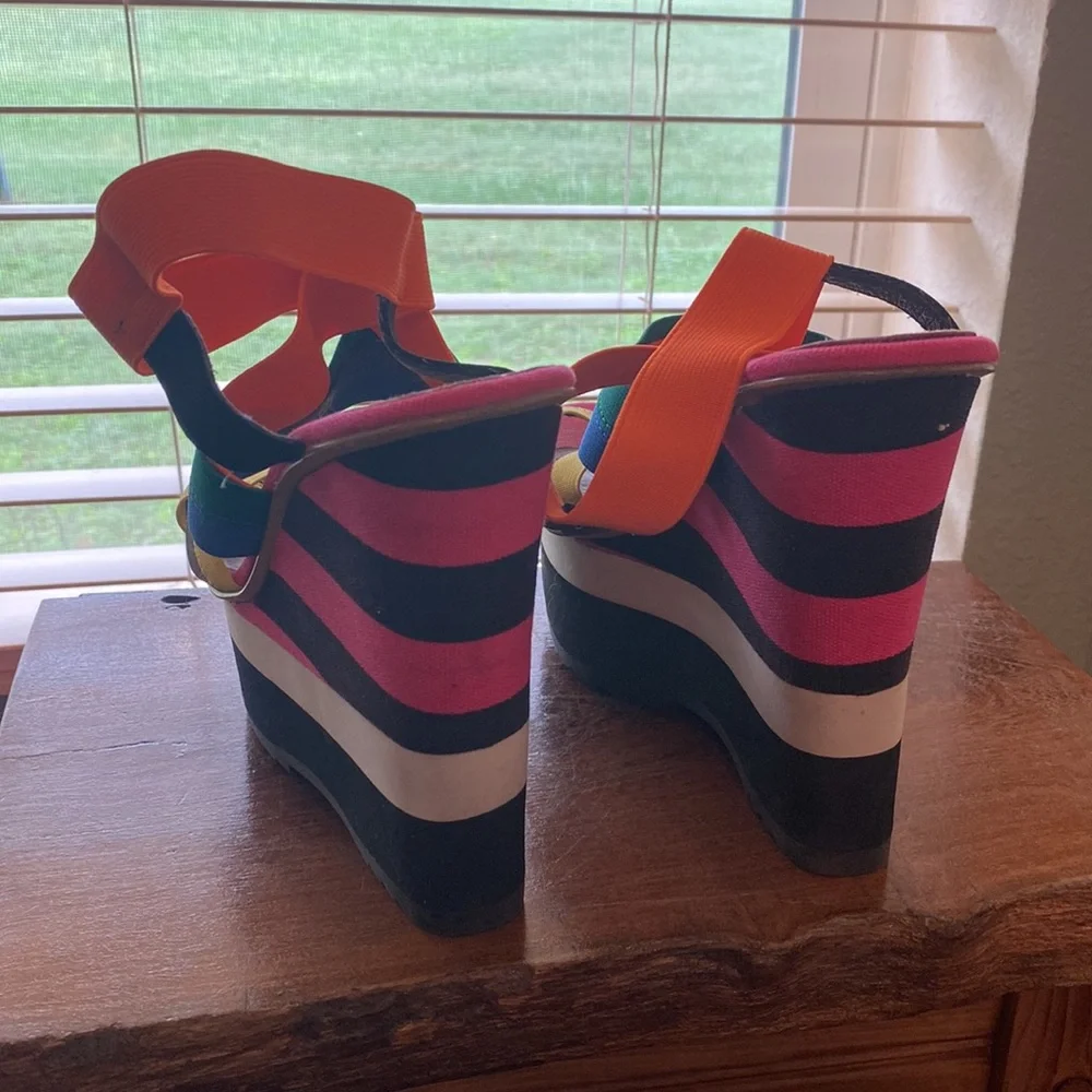 Zigi Soho Multicolor Striped Wedge Sandals - Orange, Pink, Yellow, Blue, Black